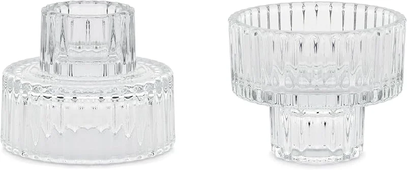 Besuche den PartyDeco-Store Kerzenhalter 4er Set 6, 5x5, 5cm Glas - 2-in-1 Design - Teelichthalter Windlicht Tischdeko - Deko für Tafel Fest Party Abendessen - Kerzenständer mit Rillenstruktur für Stabkerzen und Teelicht — Kerzenlicht Abendessen