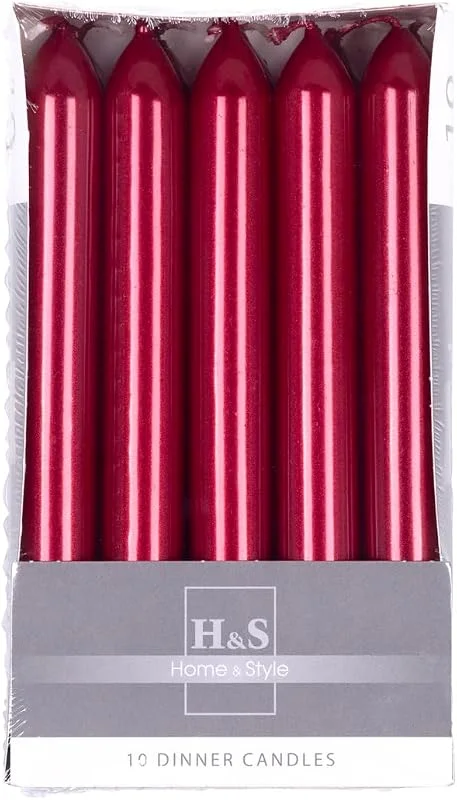 Besuche den DONAU HOME-Store Set Glatte Lackiert Stabkerzen, Metallic Rot, 10 Stück im Karton, 17 x Ø 2 cm Unparfümiert, Zylindrische, Tafelkerzen zur Dekoration im Wohnzimmer, Bad, 6 Stunden Brenndauer — Kerzenlicht Abendessen