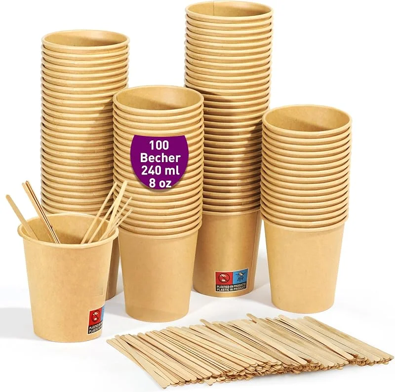 Besuche den GoBeTree-Store GoBeTree 100 Pappbecher 240 ml Kraft, Kaffeebecher Einweg mit Holzstäbchen — Wein und Festtafel