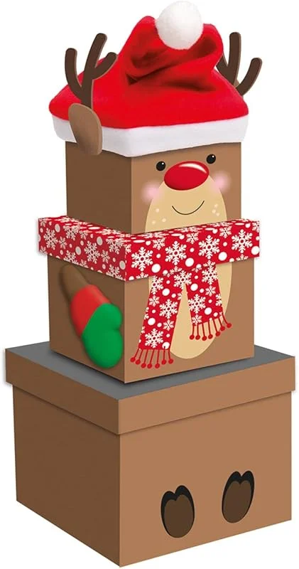 Marke: Giftmaker Weihnachts-Geschenkbox-Set, klein, stapelbar, 3-teilig, Rentier-Design — Geschenkverpackung