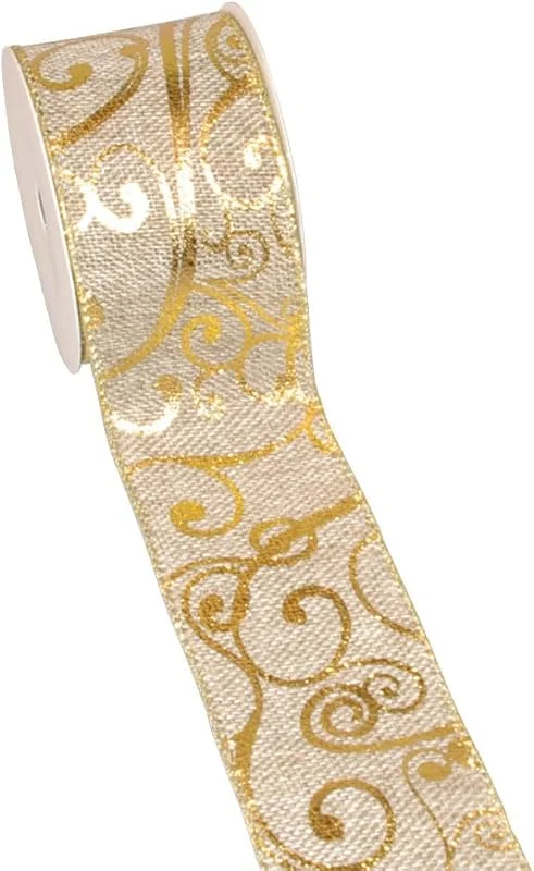 Marke: Deko AS GmbH Leinenstrukturband mit Ranken ca. 50mm Breite - 10m Länge Weihnachtsband Dekoband Schleifenband Geschenkband Weihnachten - 67805 (030 natur, beige-gold) — Geschenkverpackung
