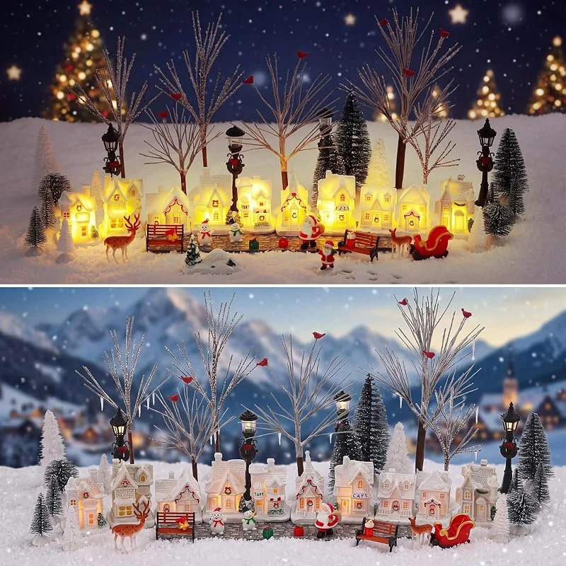 Marke: Queekay Queekay 48-teiliges beleuchtetes Weihnachtsdorf-Set mit LED-Häusern, Mini-Zubehör, DIY-Weihnachtsdorf mit Baum, Hirsch, Straßenlaterne, Bank, Tischdekoration, Urlaub (schneeweiß, Harz, Winterbäume) — Weihnachtsdeko