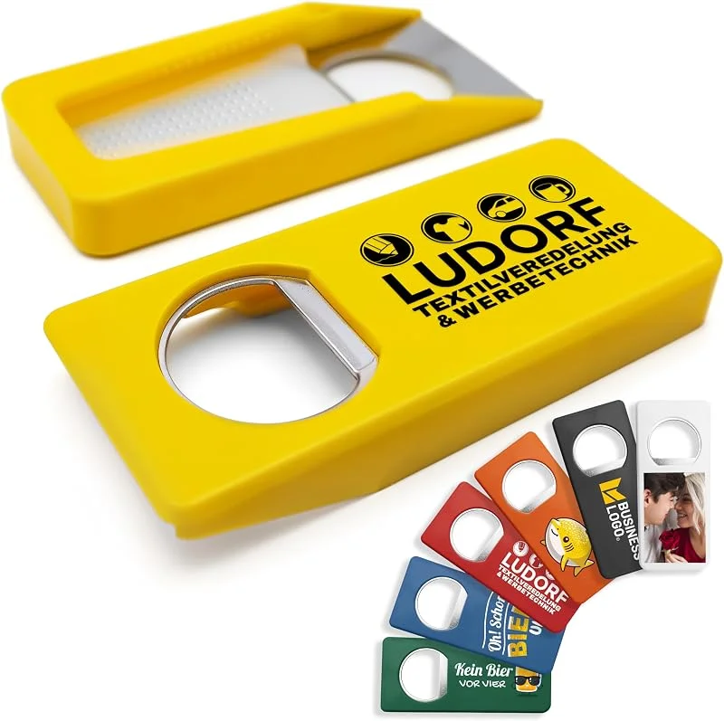 Besuche den #teamludorf-Store Personalisierte Flaschenöffner mit Verschluss (10 Stück, Gelb) – Mit eigenem Foto, Logo & Text bedruckbar – Nachhaltig aus Recycling-Kunststoff — Wein und Festtafel