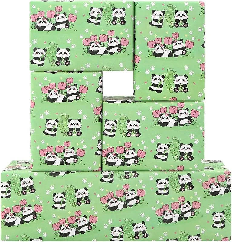 Marke: Geluode Geschenkpapier mit Panda-Motiv, Grün, Geschenkpapier für Jungen und Mädchen, Panda mit Tulpenblume und Bambus, Geschenkpapier für Geburtstag, Babyparty, Weihnachten, 76 x 52 cm, 4 Bögen — Geschenkverpackung