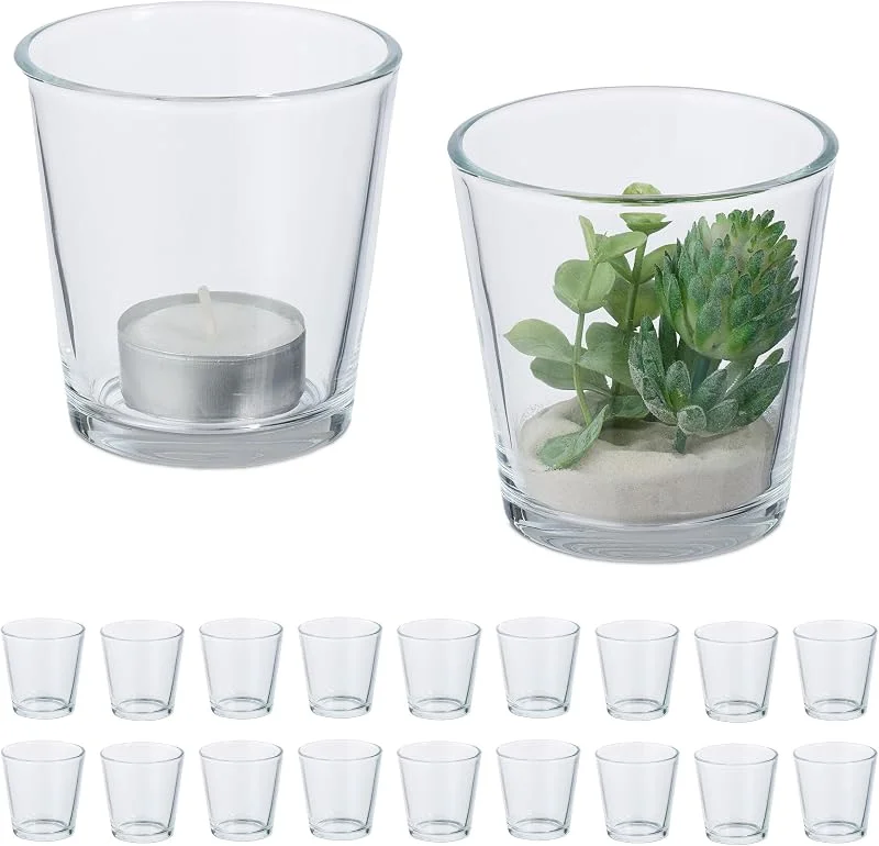 Besuche den Relaxdays-Store Relaxdays Teelichtgläser, 20er Set, Teelichthalter Glas, Tischdeko, H x D: 7, 5 x 7, 5 cm, Kerzengläser, transparent — Kerzenlicht Abendessen