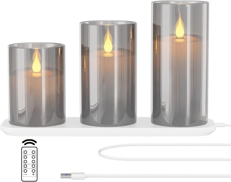 Besuche den EXTSUD-Store EXTSUD LED Kerzen Flackernde Flamme Kerzen mit Ladestation und Fernbedienung, 3er Set Elektrische kerzen aus Glas Wiederaufladbare Flamme Wassertropfer Kerzenlicht mit Timerfunktion Grau — Kerzenlicht Abendessen
