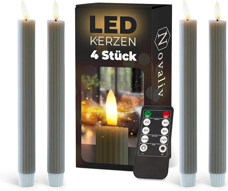 Besuche den Novaliv-Store Stabkerzen LED mit Timer TAUPE GRAU 4 Stück indoor 6 Stunden - ECHTWACHS gerippt 23cm Höhe für Kerzen 2, 2cm Durchmesser 2 AAA Batterien notwendig LED Stabkerzen flackernde Flamme bewegliche Flamme — Advent und Tisch