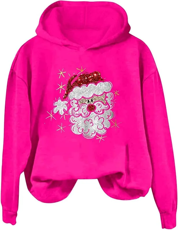 Marke: Generisch Generisch Damen-Sweatshirt mit Weihnachtsmann-Pailletten-Aufdruck, lässig, lockerer Rundhalsausschnitt, langärmlig, Kapuze Hoodie Damen Hellblau Weisser Winterpullover Shirt Oversize Dünne Sweatjacke — Weihnachtsmode