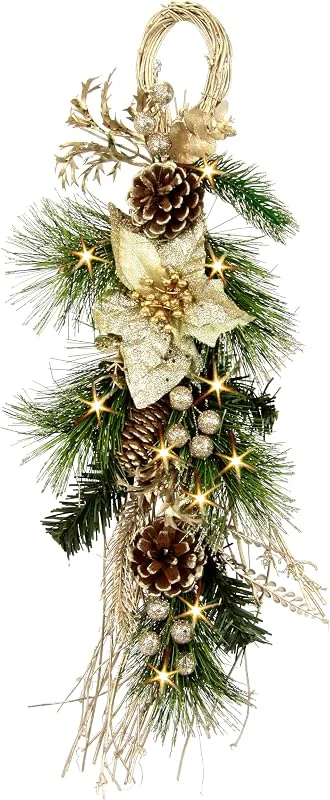 Besuche den Flair Flower-Store Hängende Tannendeko mit Weihnachtsstern Dekozweige Zapfen LED-Lichterkette Tannengebinde Tannenzweige Hänger Wandhänger Hängende Deko Girlande Wanddekoration Dekoration Weihnachtsdeko Kunstblumen
