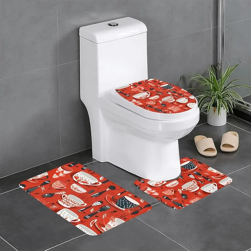 Marke: WHJDPP Badezimmerteppich-Set mit Weihnachtsgeschirr, rutschfest, 3-teilig, konturierend, ovale und rechteckige Matten für WC, Waschtisch und WC — Advent und Tisch