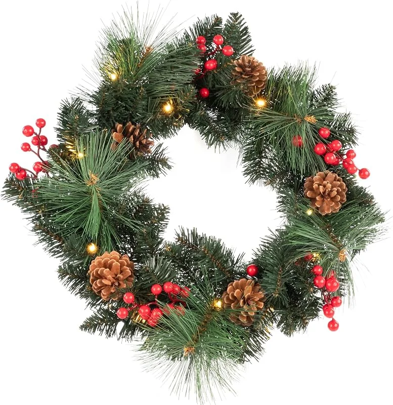 Besuche den Idena-Store Idena 31903 - LED Weihnachtskranz mit 15 LED in Warmweiß, ca. 50 cm, Adventskranz mit Schmuck in Rot, Weihnachtsdeko für Innen, batteriebetrieben mit Timer