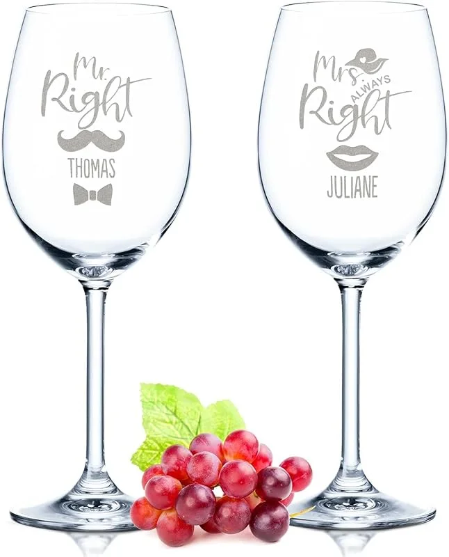 Besuche den GRAVURZEILE-Store GRAVURZEILE Weingläser mit Gravur - Mr Right & Mrs Always Right im Set - Personalisiert mit Namen - Geschenk zur Hochzeit, Verlobung & Jahrestag - ein perfektes Hochzeitsgeschenk — Wein und Festtafel