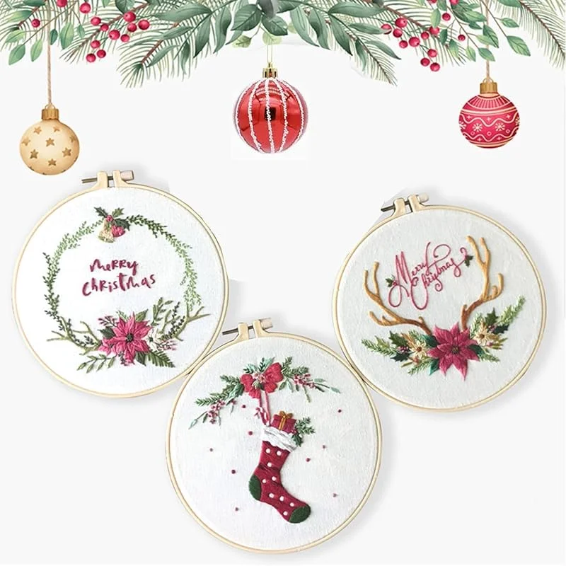 Marke: Huimai Huimai 3 Stück Stickerei Sets Weihnachten für Anfänger Kreuzstich mit Weihnachtsstrumpf Florales Muster, 3 Anleitung, 3 Stickrahmen und Farbfäden, Embroidery Kit (Weihnachten Stil, 3 Stück) — Weihnachtsdeko