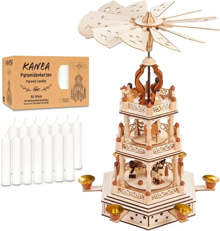 Besuche den BRUBAKER-Store BRUBAKER Weihnachtspyramide aus Holz inkl. 50er Pack Pyramidenkerzen Weiß — Weihnachtsdeko