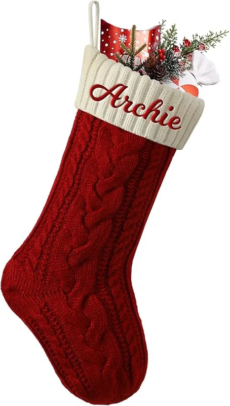 Marke: Cysincos Cysincos Weihnachtsstrumpf Personalisiert Name 46cm große gestrickte Christmas Stockings Nikolausstrumpf hängende Familie Weihnachtsstrümpfe für Party, Rot (Körper), Elfenbeinweiß (Mund) — Weihnachtsdeko