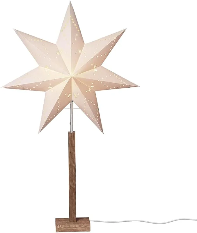 Besuche den Star Trading-Store Beleuchteter, stehender Papierstern, Standleuchte 70 cm mit Akazienholzfuß — Weihnachtsdeko