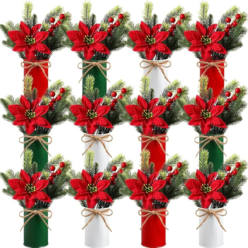 Marke: Tioncy Tioncy Künstliche Weihnachtssterne mit Metallvase, Blumenspieße, Stechpalme, rote Beeren, Stiel, Tannennadeln in Töpfen, künstliche Blumenarrangements für Zuhause, Tischparty, 12 Sets (3 Farben) — Kerzenlicht Abendessen