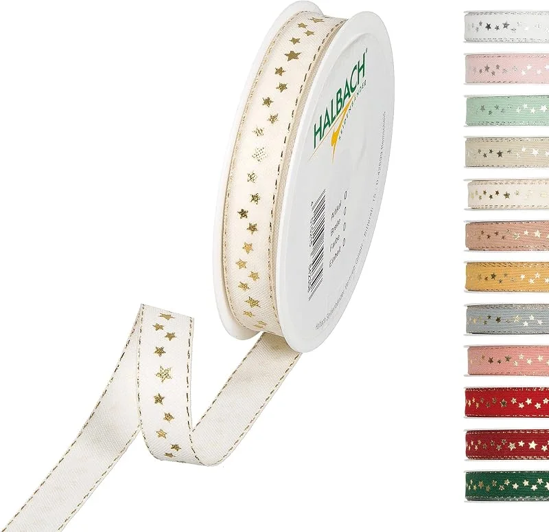 Besuche den Halbach-Store Halbach Weihnachtsband mit Sternen, 15 mm x 18 m, creme, gold — Geschenkverpackung
