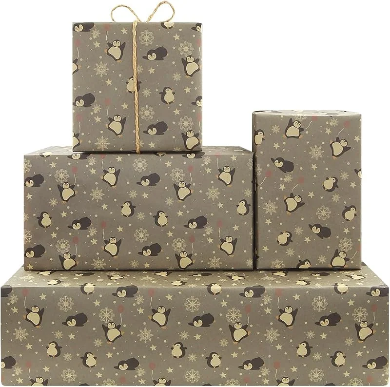 Marke: Geluode Geschenkpapier mit Pinguin-Motiv, graues Kraftpapier, Tier-Geschenkpapier für Jungen und Mädchen, Pinguine mit Schneeflocke, Aquarium-Geschenkpapier für Geburtstag, Babyparty, Weihnachtsbedarf, 70 x — Geschenkverpackung