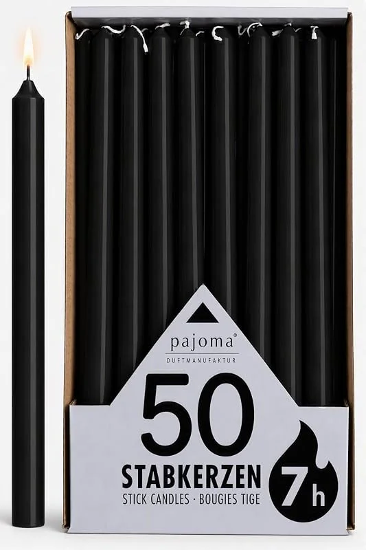 Besuche den pajoma-Store pajoma® Stabkerzen Schwarz - 50 Stück, Höhe 25 cm, Brenndauer ca. 7 Stunden, Duftfrei, vielseitig einsetzbar für Kerzenhalter, Deko & festliche Anlässe — Kerzenlicht Abendessen