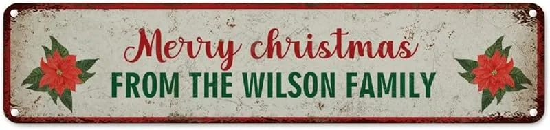 Marke: CowkissSign Merry Christmas From The Family Aluminiumschild Custom Farmhouse Weihnachtskranz Retro Vintage Kunst Wandschild Western Weihnachten Metallschild Straßenschild für Wohnzimmer 45, 7 x 10, 2 cm — Weihnachtsdeko