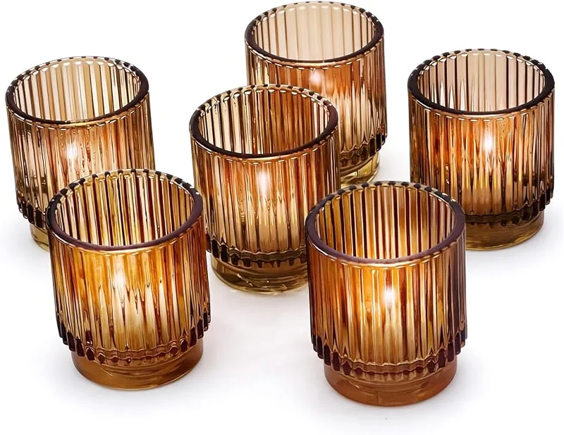 Marke: Kate Aspen Kate Aspen Teelichthalter und Votivkerzenhalter im Vintage-Stil, geriffelt, bernsteinfarbenes Glas, Herbstdekoration, Boho-Dekoration, Regaldekoration (27206AB), 6 Stück — Kerzenlicht Abendessen