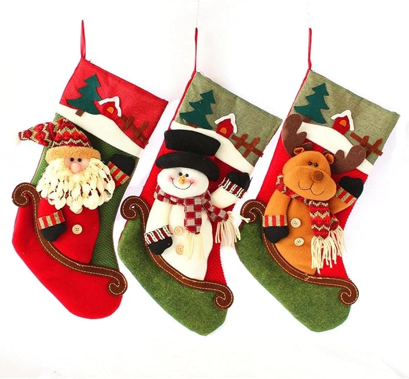 Marke: Generic Set mit 3 Weihnachtsstrümpfen, Geschenktasche mit Socken, zur Dekoration von Bäumen, Weihnachtsschmuck, Schneemann, Rentiere — Weihnachtsdeko