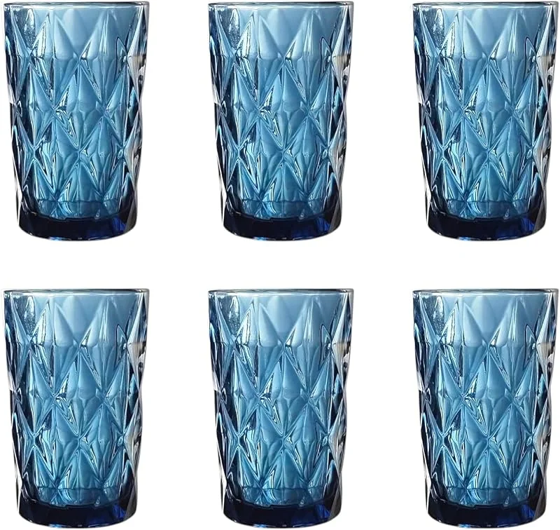 Besuche den GMMH-Store Vintage 6er-Set Farbige Weingläser und Trinkgläser mit Diamant Muster (Rombus) Longdrinkgläser, Cocktail Gläser mit Prägung, Glas, Trinkglas, Weinglas, Wasserglas, Glaskelche (Blau Trinkglas) — Wein und Festtafel