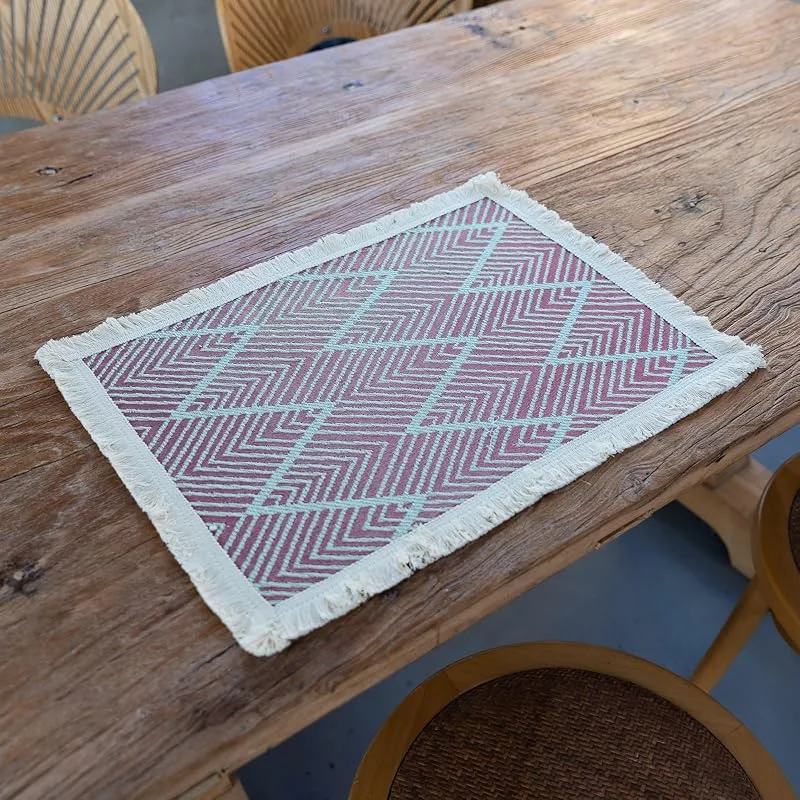 Besuche den Epinki-Store Epinki Tischset rutschfest Abwaschbar Quadratisch, 2Pcs Set 30x45CM Platzdeckchen Natur Welle Streifen Muster mit Quaste aus Polyester Baumwolle, Tischmatten Abwaschbar Rose Beige — Küche & Haushalt