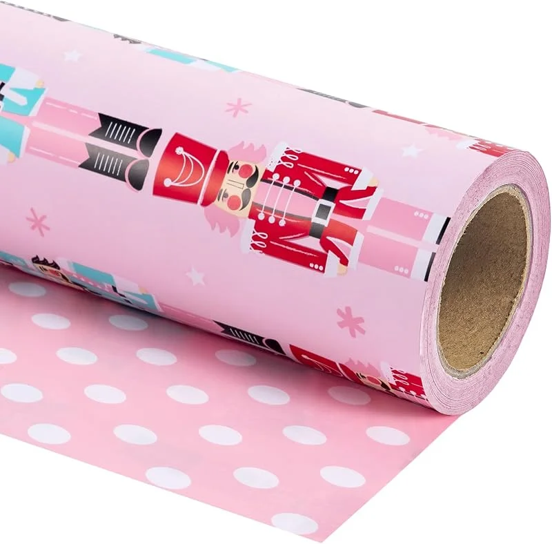 Marke: WRAPAHOLIC WRAPAHOLIC Wendbares Weihnachts-Geschenkpapier, 76, 2 cm x 30 m, Jumbo-Rolle, rosa Nussknacker und Punkte-Design — Geschenkverpackung