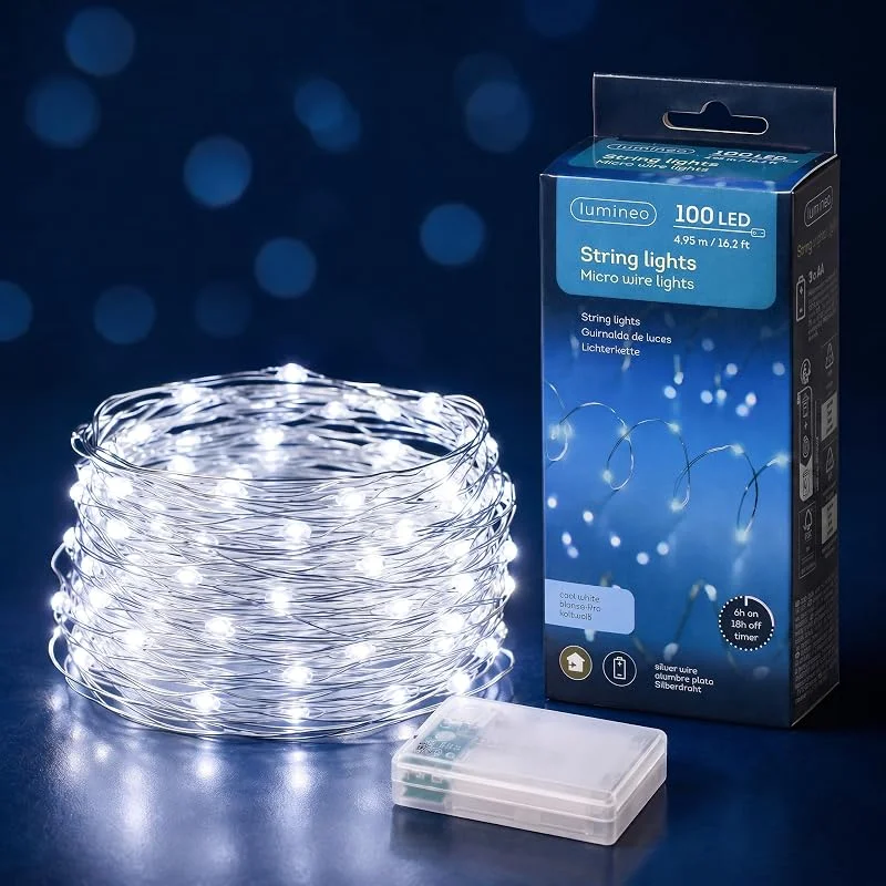 Marke: Lumineo LED Draht Lichterkette 4, 95m Batterie 100 Micro-LEDs Kaltweiß Silber — Weihnachtsbeleuchtung