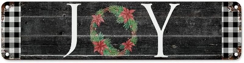 Marke: CowkissSign Vintage Weihnachtskranz Freude Metall Wandschild Schwarz und Weiß Büffel Karo Plaid Rustikale Vintage Veranda Schilder Weihnachtsdekoration Winter Metall Blechschild Straßenschild für Wohnzimmer 61 x