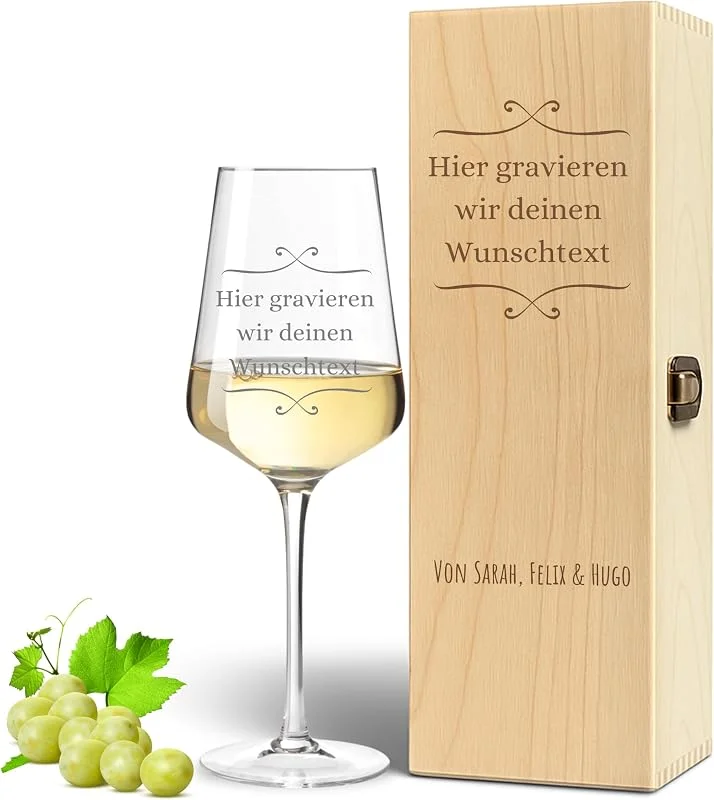 Besuche den VILLA ROSA LOTTA-Store VILLA ROSA LOTTA - Leonardo Puccini Weinglas und Holzkiste mit personalisiertem Text Geschenk zum Geburtstag, Vatertag, Muttertag oder Weihnachten — Wein und Festtafel