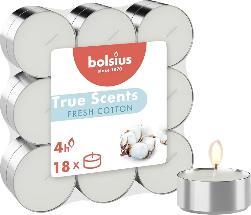 Besuche den bolsius-Store Bolsius – 18 Teelichter – Fresh Cotton – Brenndauer: 4 Stunden – Innendekoration – natürliche Extrakte – mit natürlichem veganem Wachs — Kerzenlicht Abendessen