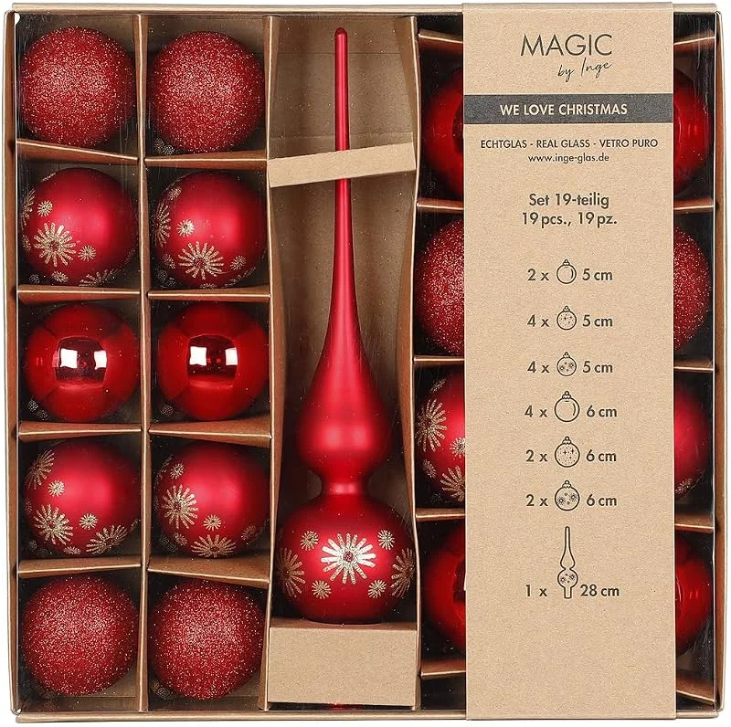 Marke: MAGIC by Inge Inge-glas Weihnachtskugeln Glas Mix 5-6cm mit Christbaumspitze 19er Set Christbaumkugeln Merry Red rot — Weihnachtsdeko
