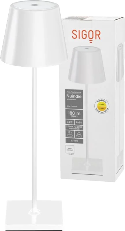 Besuche den SIGOR-Store SIGOR Nuindie LED-Akku-Tischleuchte für Garten und Terrasse (weiss) — Kerzenlicht Abendessen