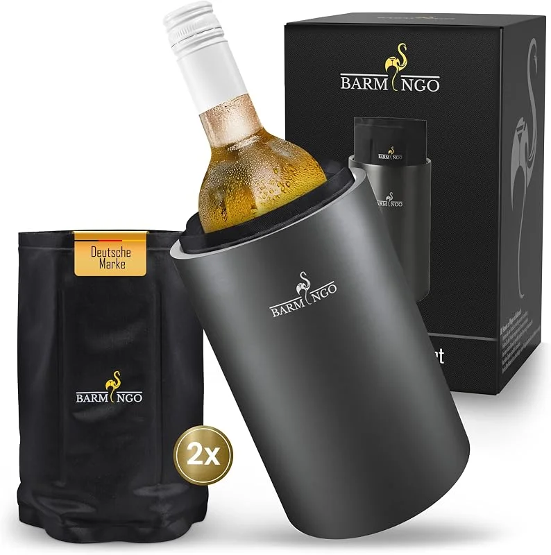 Besuche den BARMINGO-Store Weinkühler Edelstahl mit Kühlakkus – Getränkekühler & Flaschenkühler für Wein, Sekt, Champagner, Sektkühler doppelwandig mit Kühlmanschetten, Wine Cooler, Wein Kühler, Metallic Schwarz — Wein und Festtafel