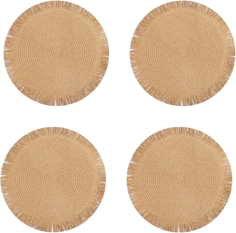 Marke: HSTWODE Tischsets Rund 4er Set, Durchmesser 38cm Boho-Tischsets Platzset, Abgrifffeste Hitzebeständig rutschfest Platzdeckchen platzset, mit Exquisiten Quasten, für Küche, Restaurant, (Khaki) — Küche & Haushalt