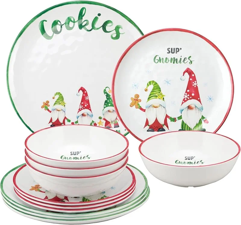 Marke: UP UP ware 12-teiliges Gnomies Melamin-Geschirrset, Outdoor-Geschirr-Set, Teller und Schüsseln, Weihnachtsdekoration, Service für 4 Personen, Weiß — Advent und Tisch