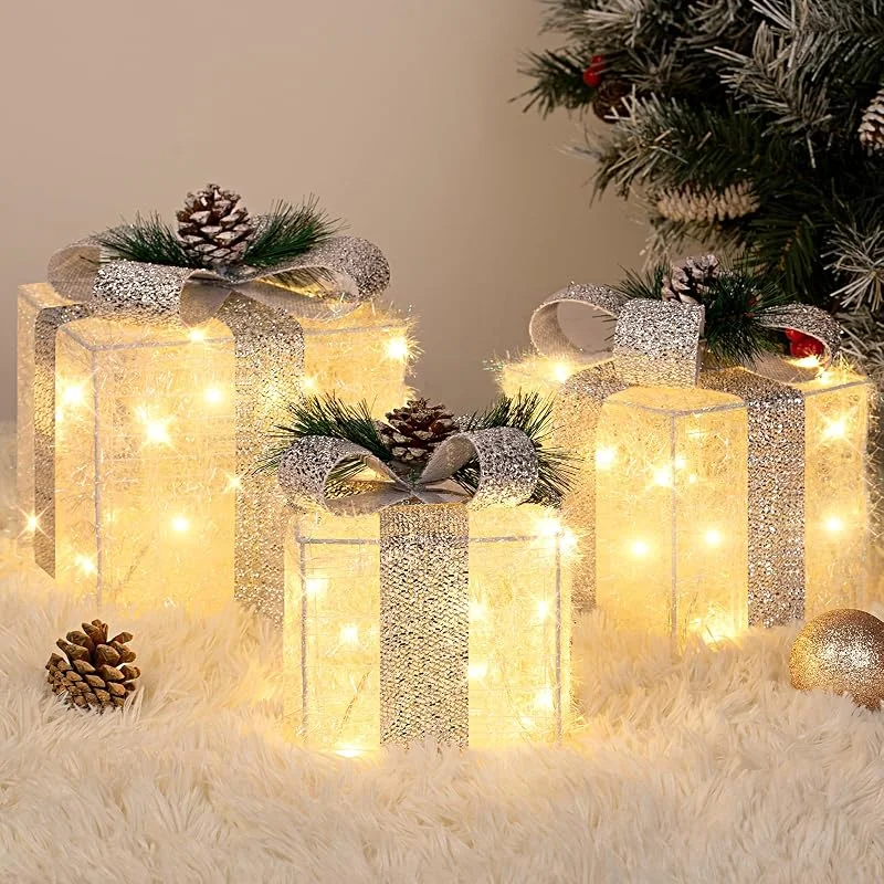 Marke: TOWPONICS TOWPONICS 3er Set Weihnachten beleuchtete Geschenkboxen mit Stecker, Indoor Outdoor Weihnachtsdekorationen mit 60 LED Warmweiß Mini Lichterkette, Geschenkboxen mit Silber Lametta für Weihnachtsbaum — Weihnachtsbeleuchtung