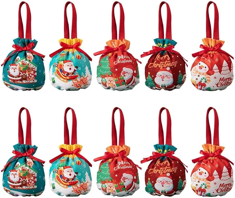 Marke: Dinntty 10 Stück Weihnachtliche Geschenktüten Kordelzug, Handlich, Wiederverwendbar, Zum Befüllen Von Obst Und Süßigkeiten Für Heiligabend — Geschenkverpackung