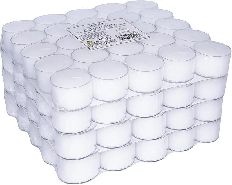 Besuche den pajoma-Store pajoma® Teelichte Weiß, unbeduftete Teelichter, Brenndauer: ca. 8 Std. - 20g Wachsgewicht, 26 x 40 mm, Gastro, Hochzeit, Dekorieren, Feiern, Entspannen, Outdoor, Party (100 Stück (1er Pack)) — Kerzenlicht Abendessen
