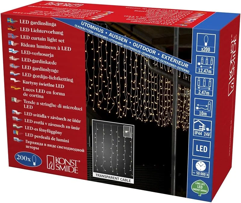 Besuche den Konstsmide-Store Konstsmide LED Lichtervorhang, mit weißen Globes, 200 warmweiße Dioden, 24V Außentrafo, transparentes Kabel - 3674-103 — Weihnachtsbeleuchtung