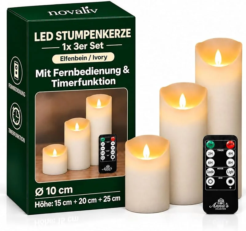Besuche den Novaliv-Store Novaliv 3x Große LED Stumpenkerze Elfenbein Ivory ø 10cm (15cm, 20cm, 25cm Höhe) - je 2 C Batterien nötig LED Kerze mit Flackereffekt und Timer - LED Kerze groß Weihnachtsbeleuchtung flammenlos — Advent und Tisch