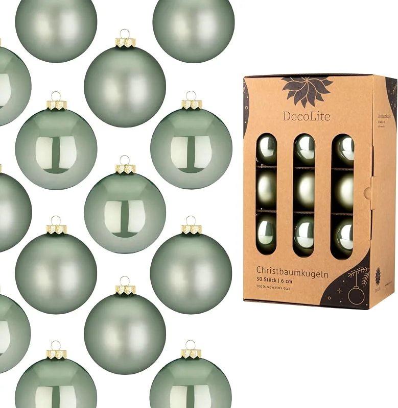 Marke: DecoLite Weihnachtskugeln Glas Ø 6 cm, 30er Set, Salbei matt, glänzend — Weihnachtsdeko