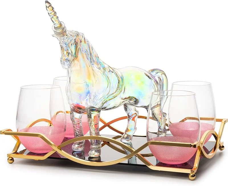 Besuche den The Wine Savant-Store The Wine Savant Wein-Whisky-Karaffe-Set, schillernd, 750 ml, mit 4 rosa glitzernden Gläsern für Wein, Whiskey, Scotch, 25.4 cm breit, 27.9 cm hoch — Wein und Festtafel