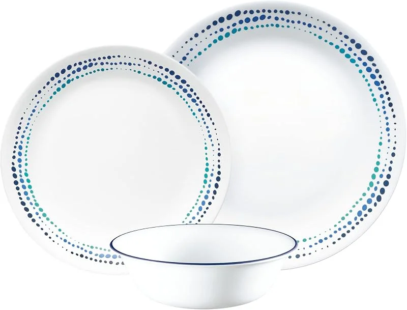 Marke: CORELLE Corelle Geschirr-Set (12-teiliges Set, Ozeanblau) - Tafelservice für 4 Personen, bestehend aus 4 Tellern, Beilagentellern und Schüsseln, 3 x langlebiger, halb so viel Platz und Gewicht von Keramik — Advent und Tisch