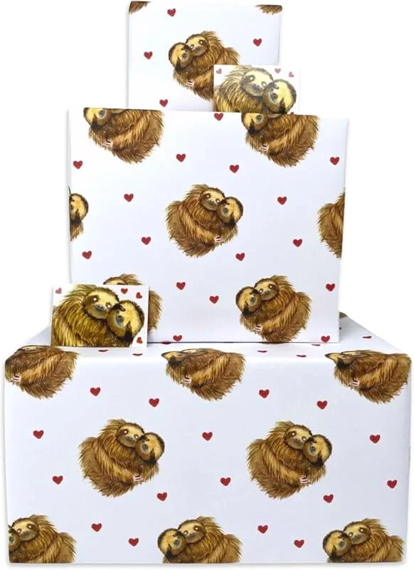 Marke: Twizler Twizler Geschenkpapier mit Faultier-Herzen, 4 Bögen & 4 Etiketten, gefaltete Blätter, 70 cm x 50 cm, Geschenkpapier für jeden Anlass, für Männer oder Frauen, niedlich — Geschenkverpackung