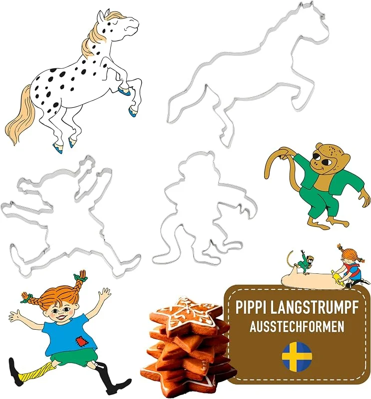 Besuche den Pippi Langstrumpf-Store Pippi Langstrumpf Backformen für Kinder – Offiziell lizenzierte Pippi Langstrumpf Ausstechformen – Lustige Figuren für Plätzchen, Lebkuchen & Spiel, schwedisches Design (64–123 mm) — Weihnachtskueche