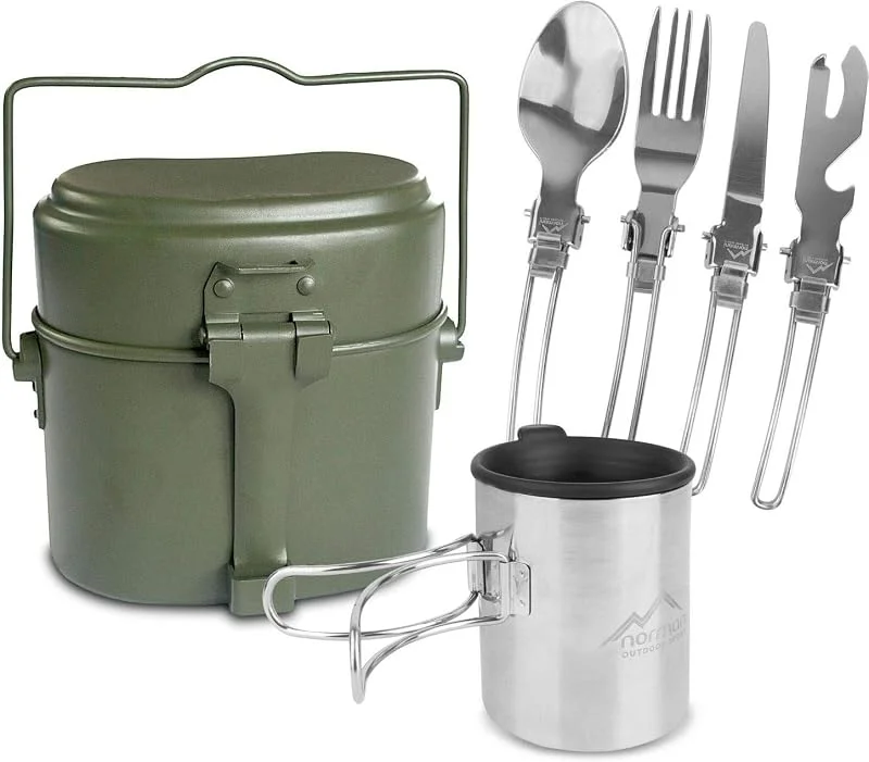 Besuche den normani-Store Kochgeschirr Set aus Bundeswehr Aluminium Kochgeschirr + BW Besteck mit Flaschenöffner und rostfreier Edelstahltasse mit Trinkdeckel — Wein und Festtafel